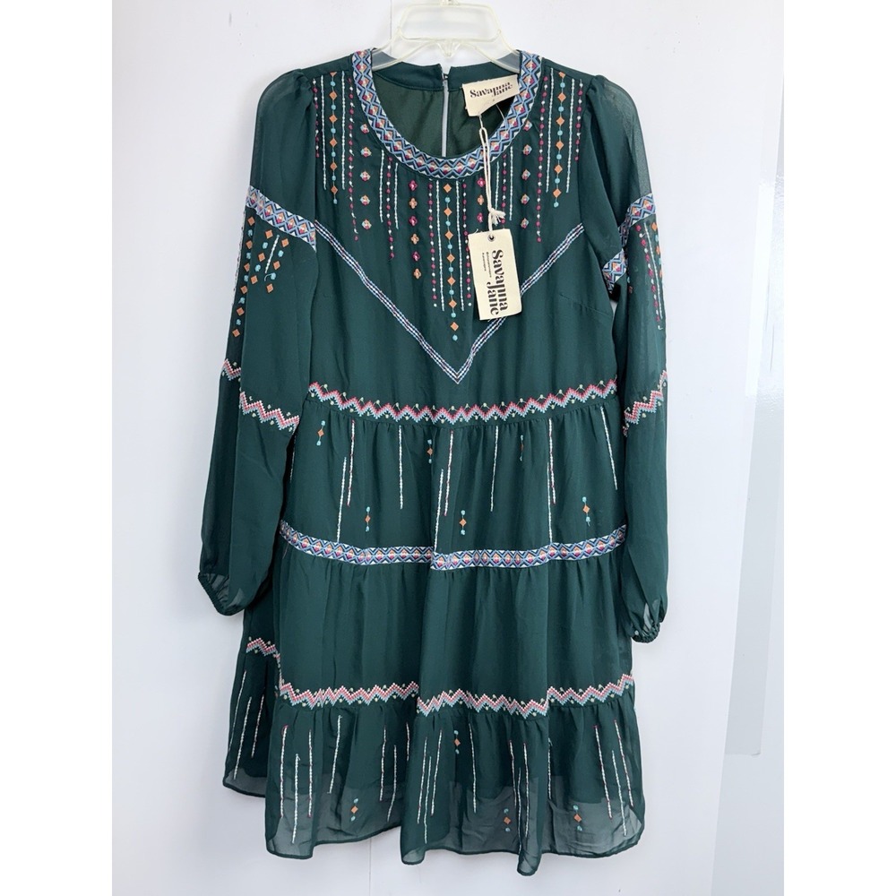 NEW Savannah Jane Women's Sz S Tiered Dress Green Tribal Embroidered Long Sleeve
